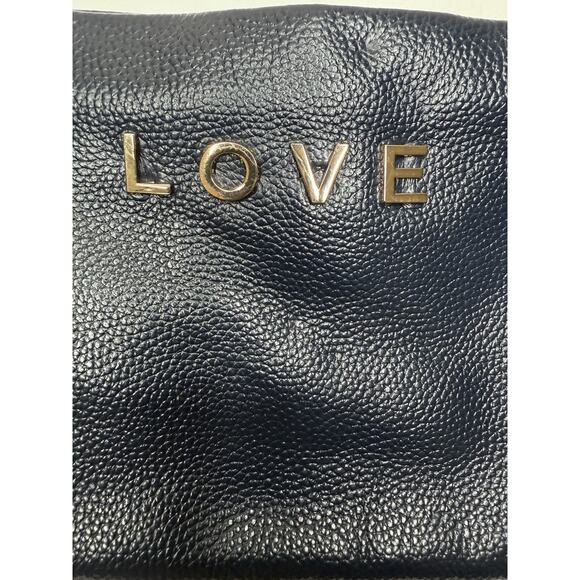 B-low The Belt Wristlet Navy Blue Pebbled Leather Zip Top LOVE Accent Makeup Bag - Picture 3 of 6
